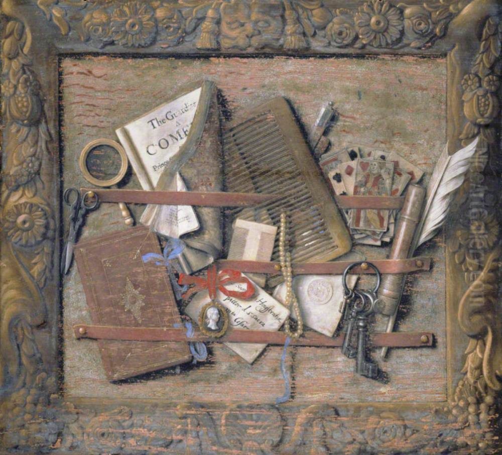 Trompe l'oeil of a Framed Necessary-board Oil Painting by Samuel Van Hoogstraten