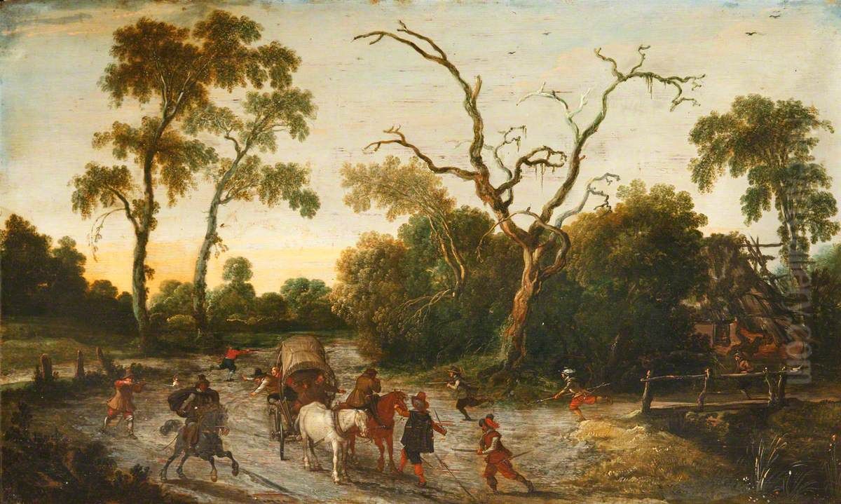 A Wooded Landscape with Armed Men attacking a Wagon Party Oil Painting by Esaias Van De Velde