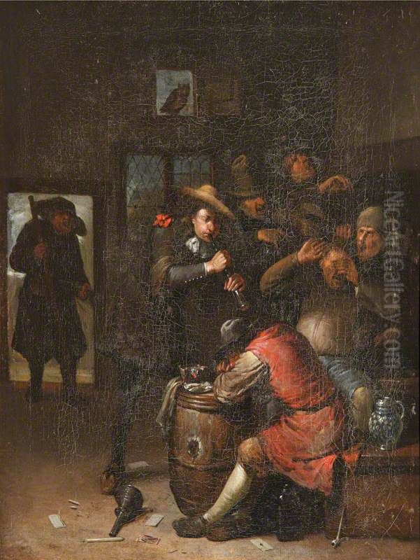 Men Carousing and a Man playing a Flute Oil Painting by Egbert Van Heemskerck