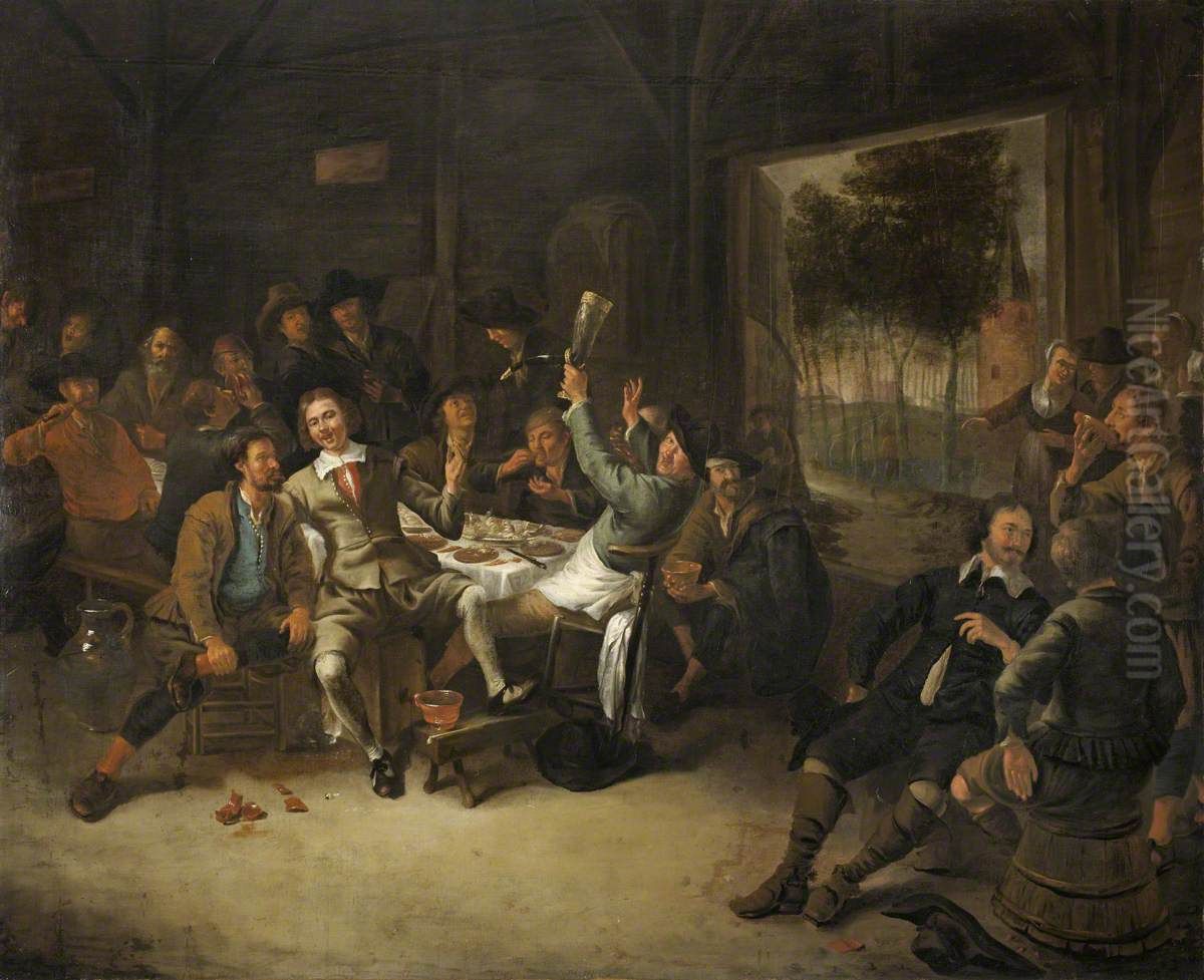 Peasants feasting in a Barn Oil Painting by Gerrit Lundens