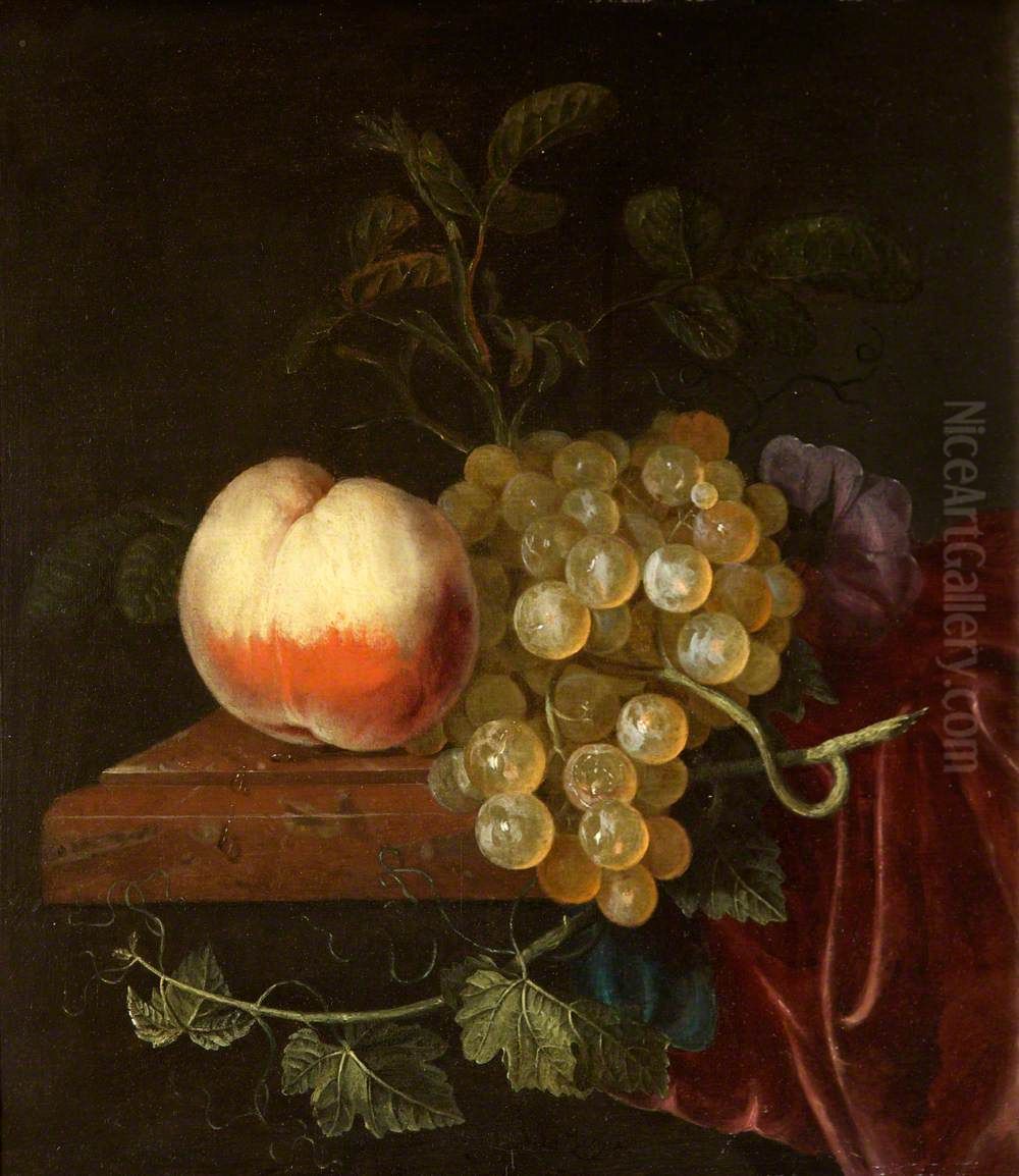 A Peach and Grapes on a Ledge Oil Painting by Jacob van Walscapelle