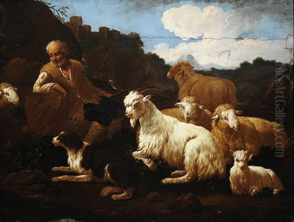 A Shepherd and his Flock in a Landscape Oil Painting by Philipp Peter Roos