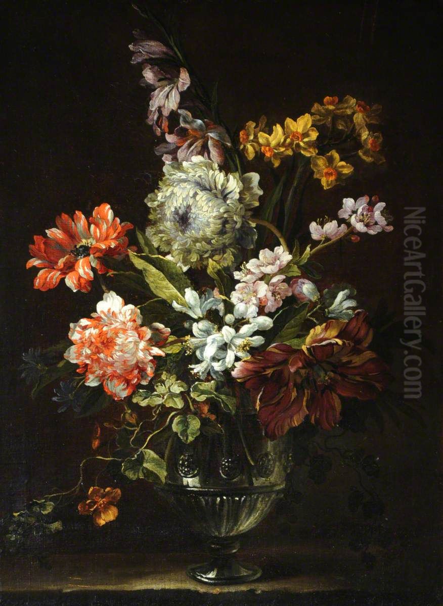 Flowers in a Glass Vase Oil Painting by Jean-Baptiste Monnoyer