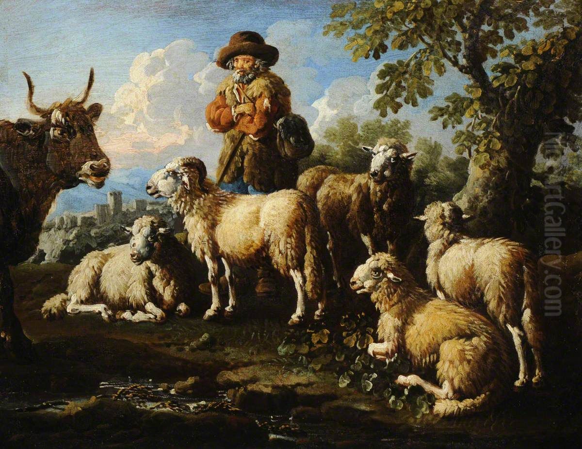 Herdsman with Sheep and Goats Oil Painting by Philipp Peter Roos