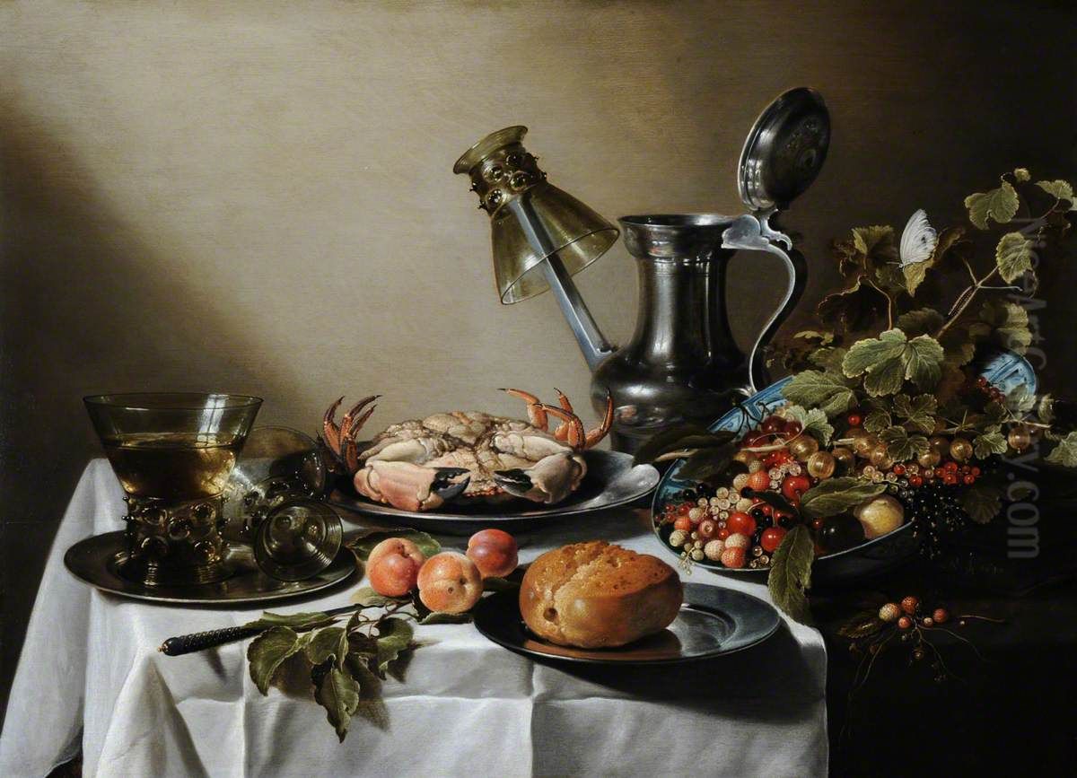 Still Life of Food, a Jug and Glasses on a Table Oil Painting by Pieter Claesz
