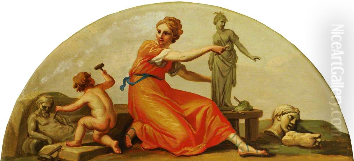 Putto with Personification of Sculpture Oil Painting by Antonio Zucchi