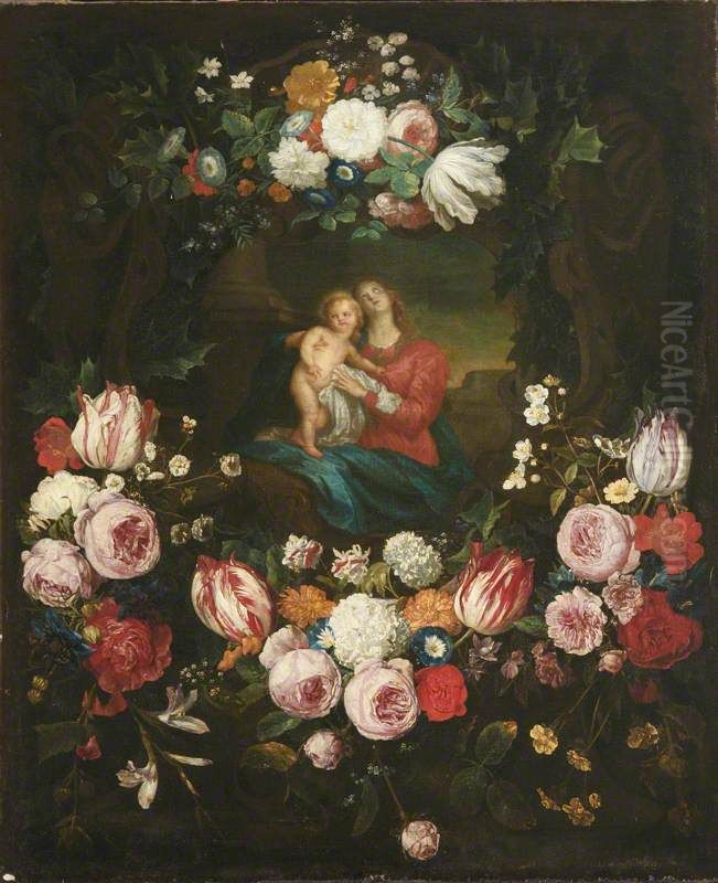 Madonna and Child set in a Garland of Flowers Oil Painting by Jan Philip van Thielen