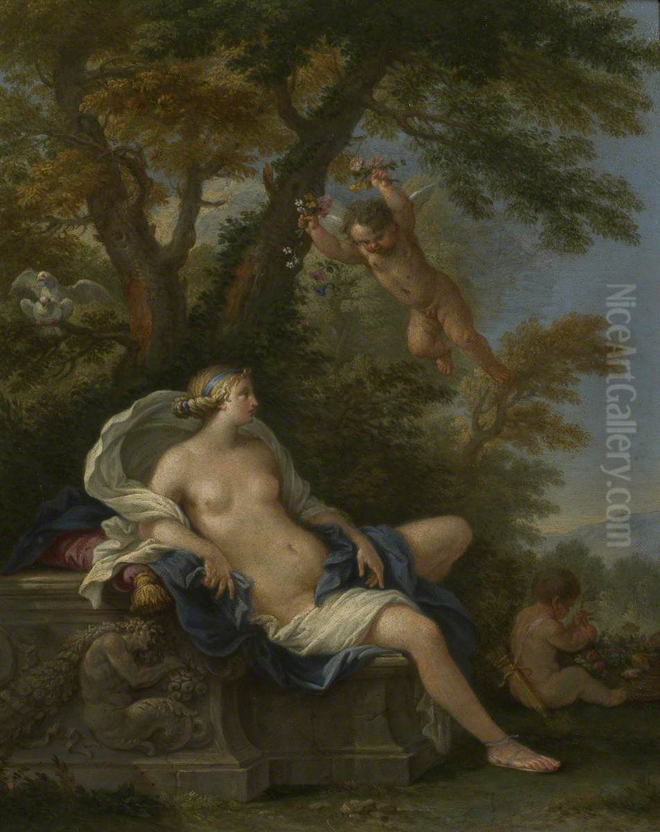 Venus and Cupid in a Landscape Oil Painting by Filippo Lauri