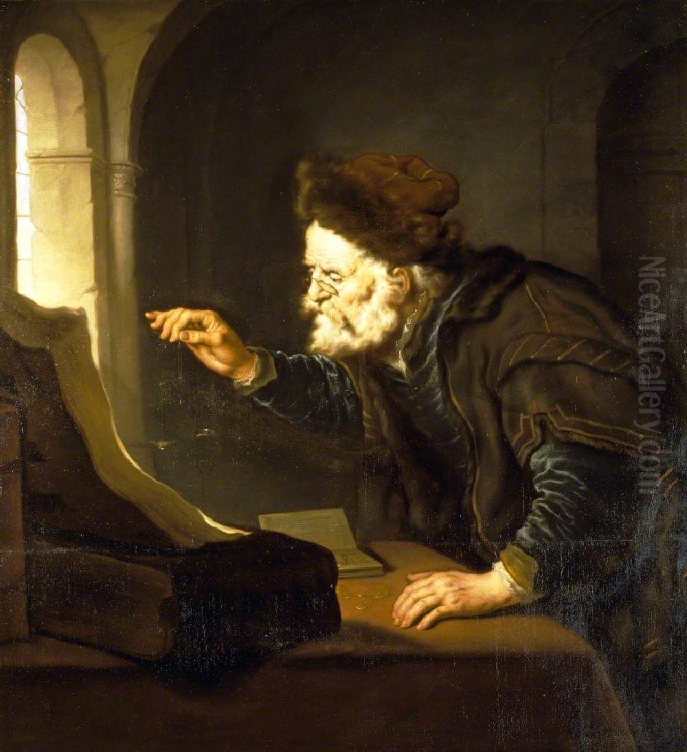 An Old Man weighing Coins Oil Painting by Salomon Koninck