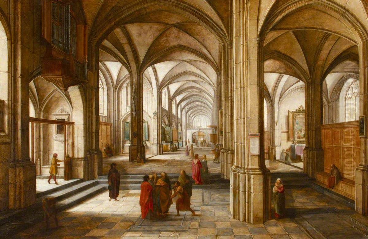 An Imaginary Church or Cathedral Interior, with possibly a Biblical  Scene Oil Painting by Hendrik van Steenwijk II