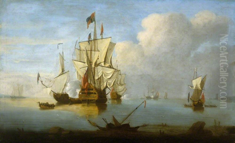 A Man-o' War firing a Salute in a Calm Oil Painting by Peter Monamy