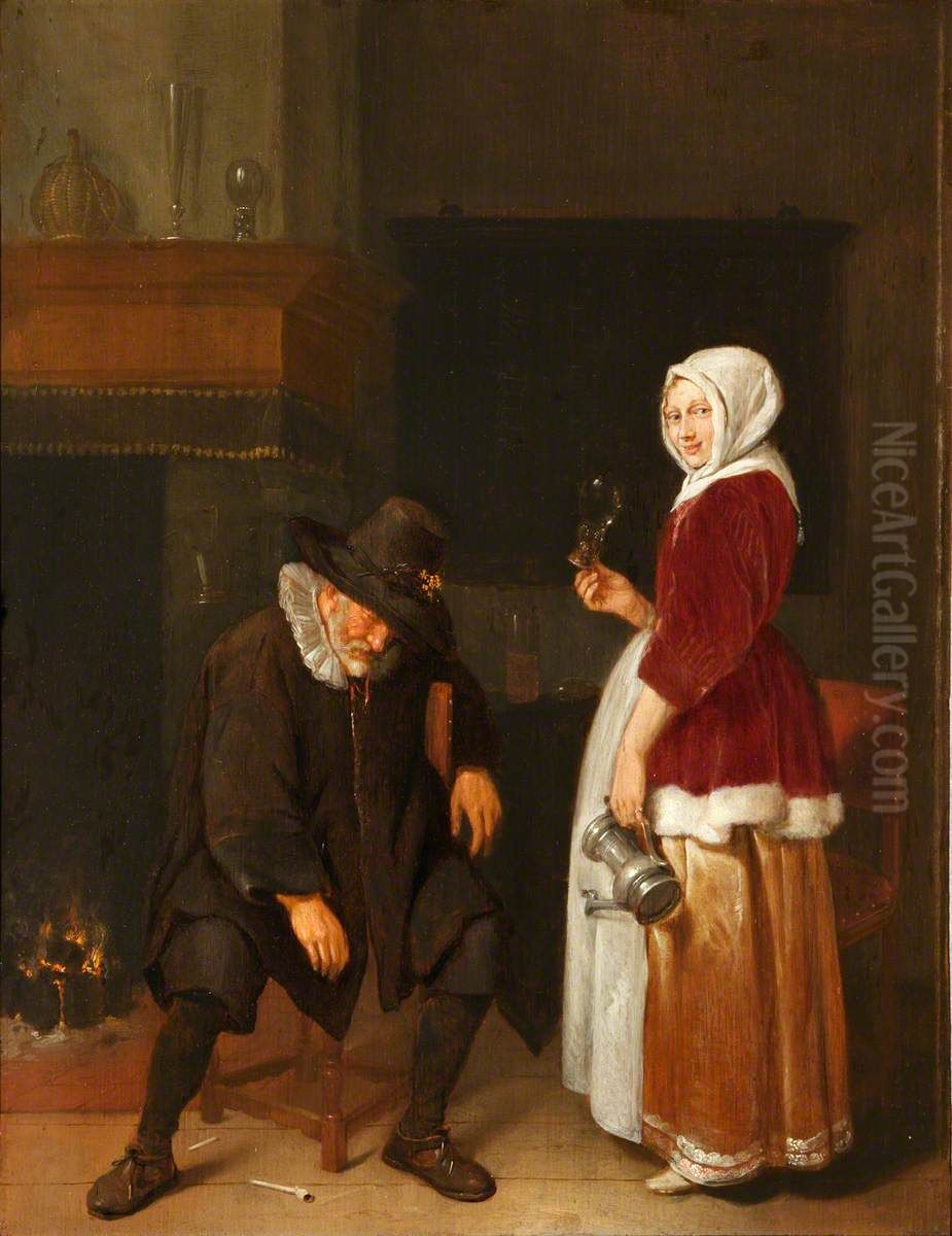 An Old Man sleeping by a Fireside attended by a Maidservant Oil Painting by Quirijn van Brekelenkam