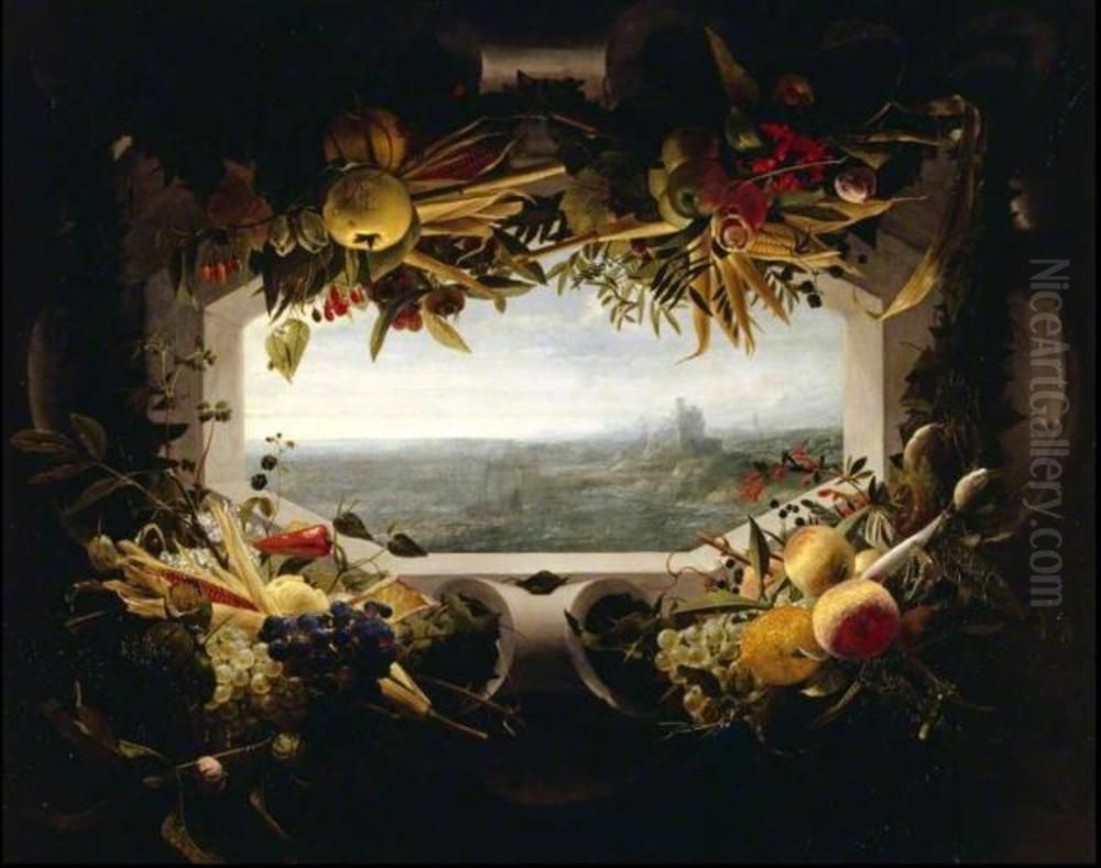 A Seascape within a Garland of Fruit Oil Painting by Jan Anton van der Baren