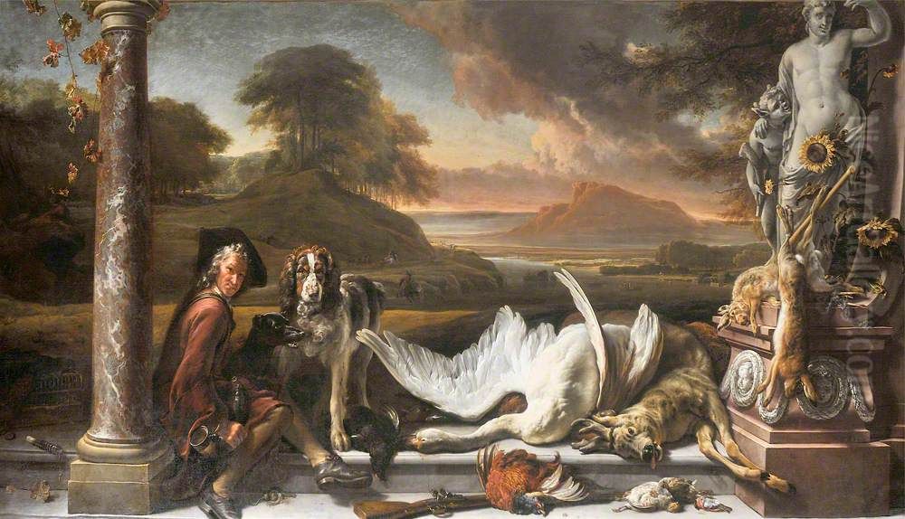 Still Life of Dead Game in a Landscape with Huntsman Oil Painting by Jan Weenix