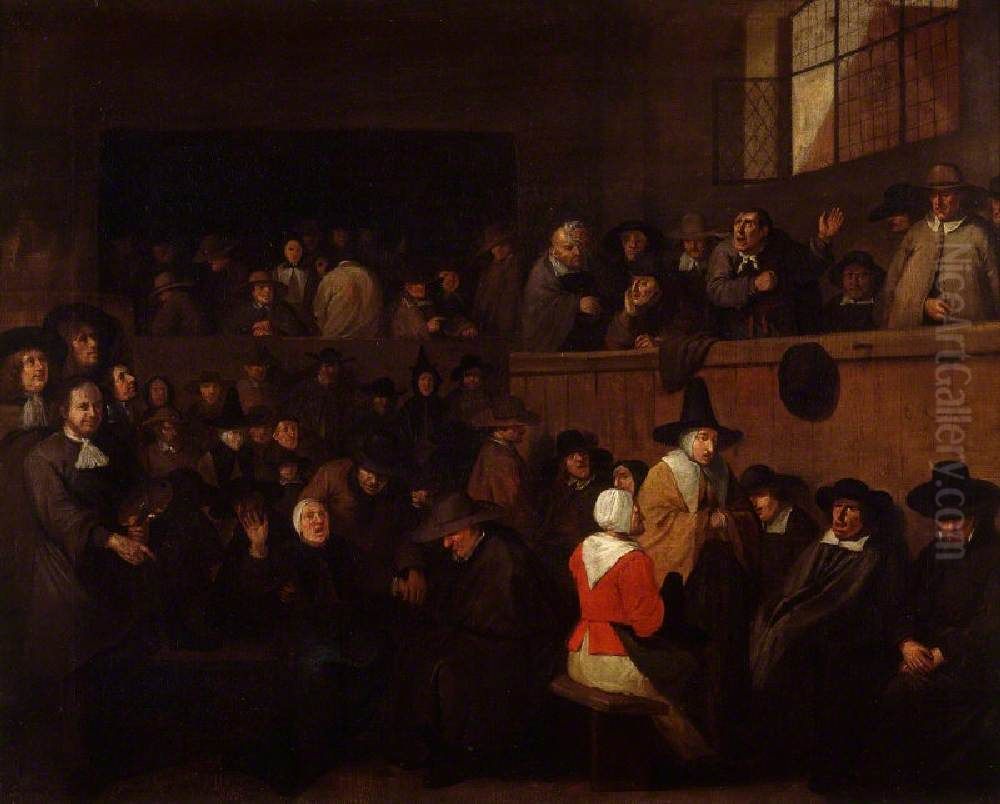 A Puritan Meeting, with a Self-portrait of Egbert Van Heemskerck (c.1635-1704) Oil Painting by Egbert Van Heemskerck