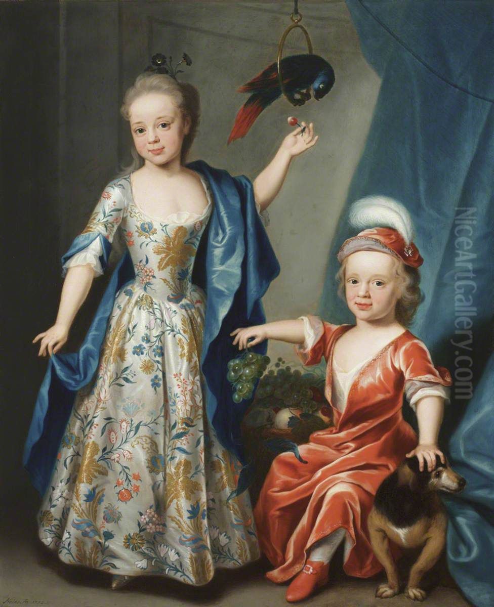 Edward Astley, later Sir Edward Astley, 4th Bt Astley of Hill Morton (1729-1802) and his Sister Blanche, later Mrs Edward Pratt as Children, with a Parrot and a Bunch of Grapes Oil Painting by John Theodore Heins