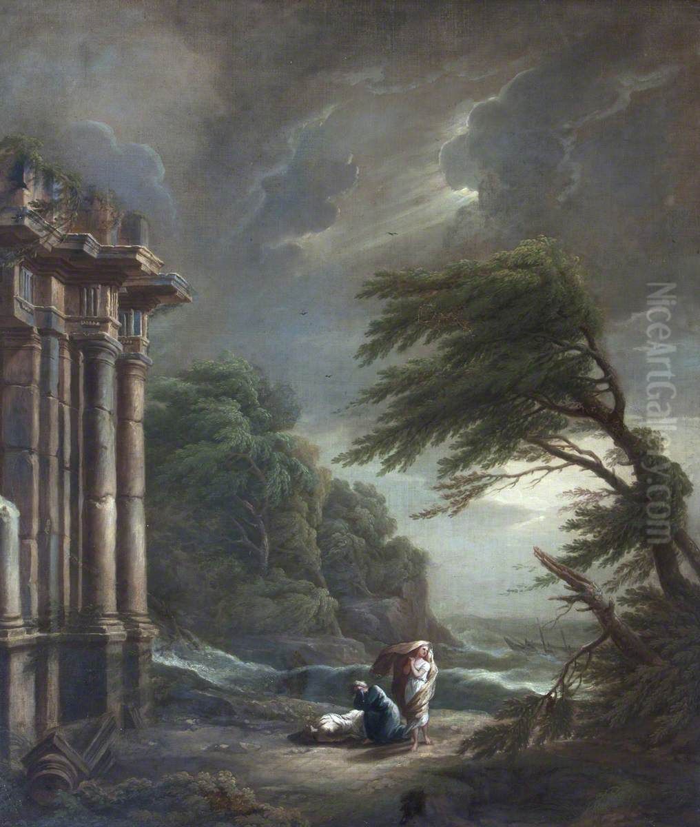 Stormy Seashore with Ruined Temple, Shipwreck and Figures Oil Painting by George Lambert