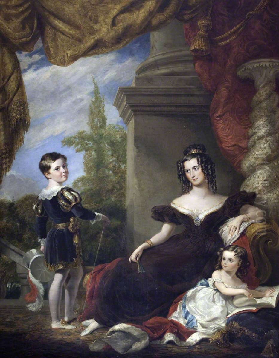 Louisa Barbara Catherine Philips, Countess of Lichfield (c.1800-1879) with Two of her Children Thomas George Anson, 2nd Earl of Lichfield MP (1825-1892) and Lady Harriet Frances Maria Anson, Lady Vernon (1827-1898) Oil Painting by George Hayter