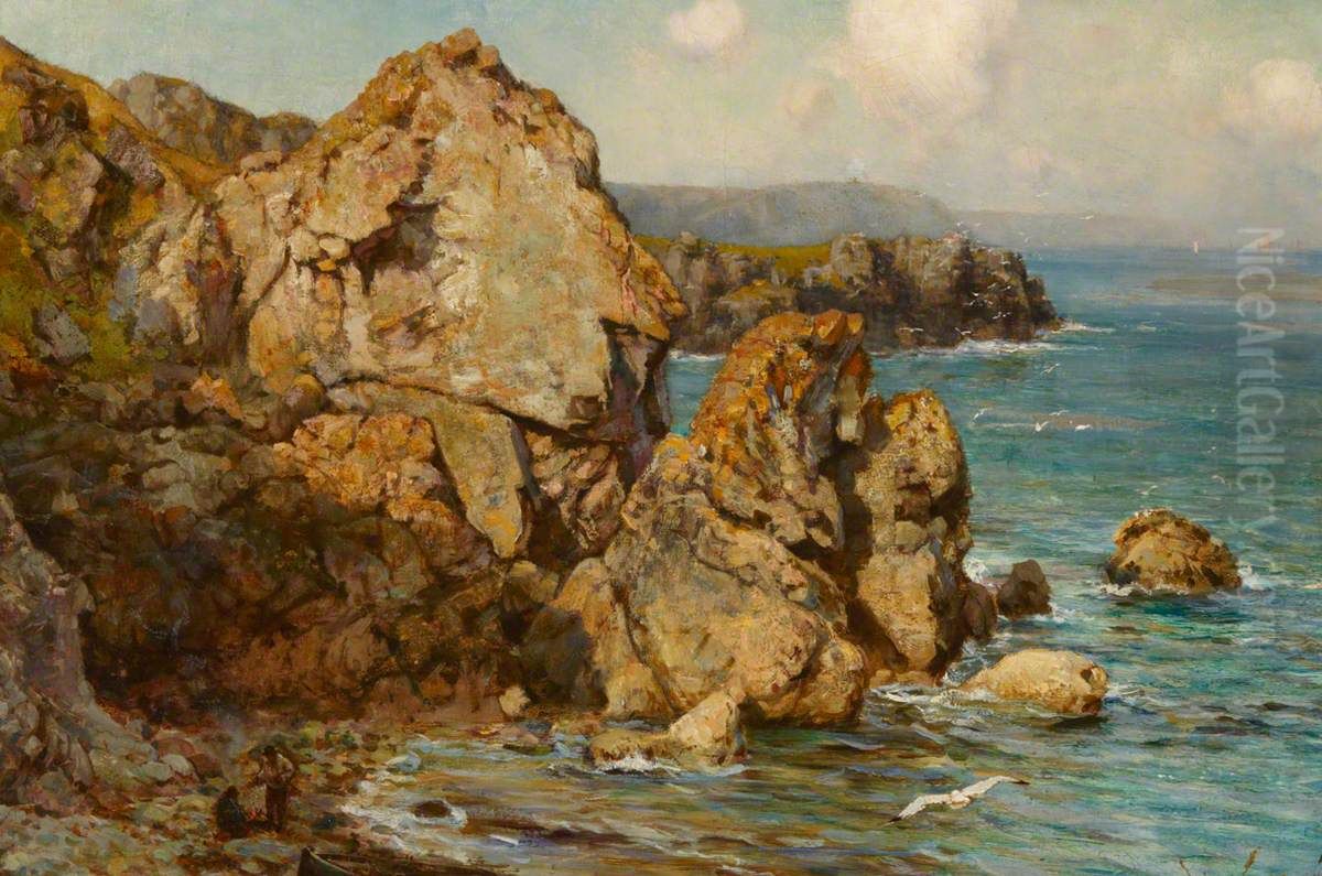 A Rocky Coast Oil Painting by Ernest Waterlow