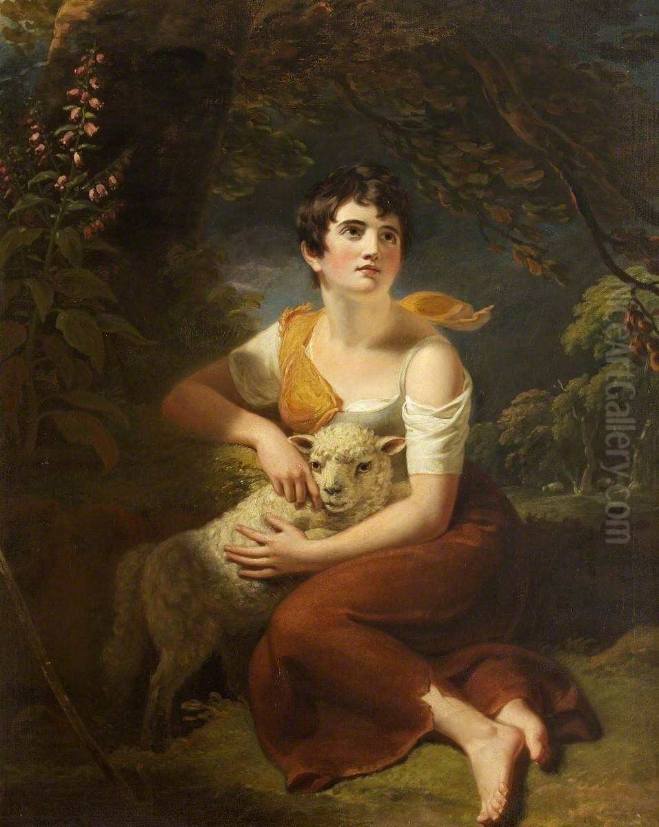 A Shepherdess with a Lamb in a Storm Oil Painting by Woodforde, Samuel