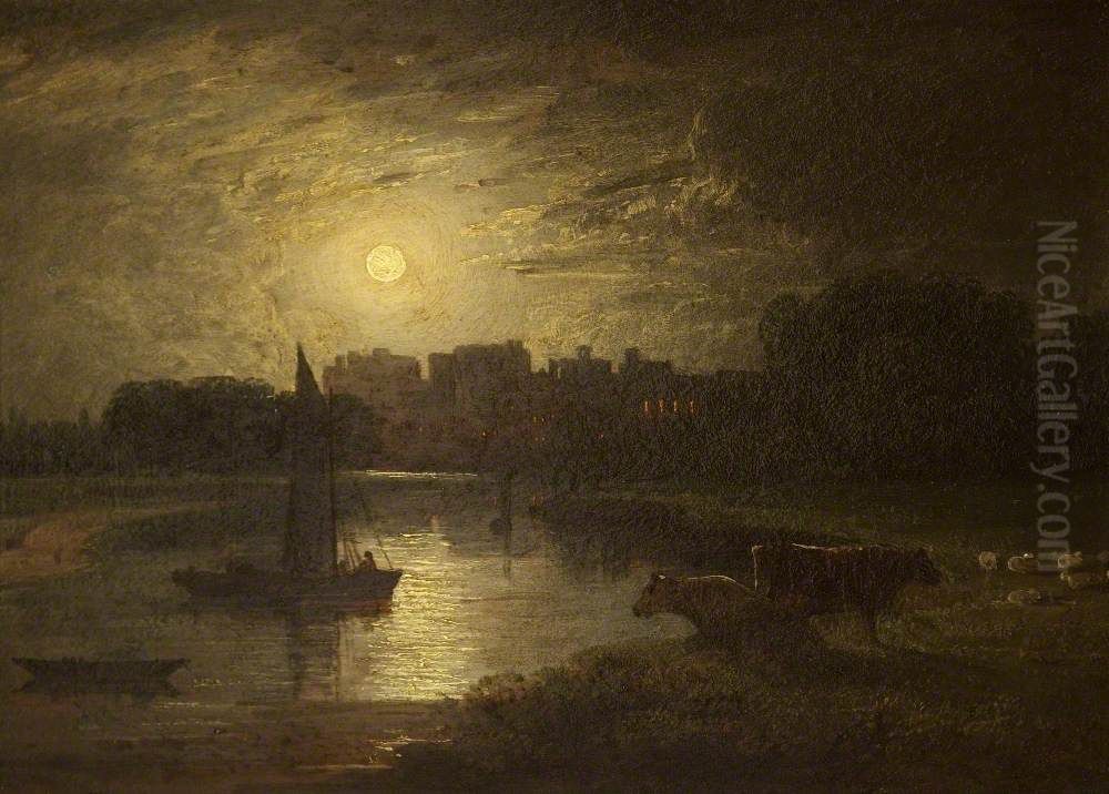 Windsor and Eton from Clewer Meadows by Moonlight Oil Painting by Thomas Christopher Hofland