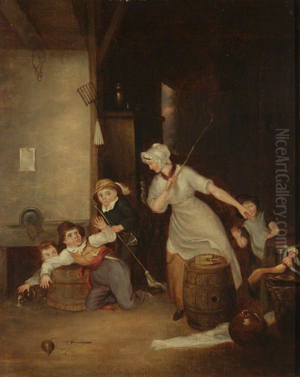 A Dame scolding Naughty Children Oil Painting by Edward Bird