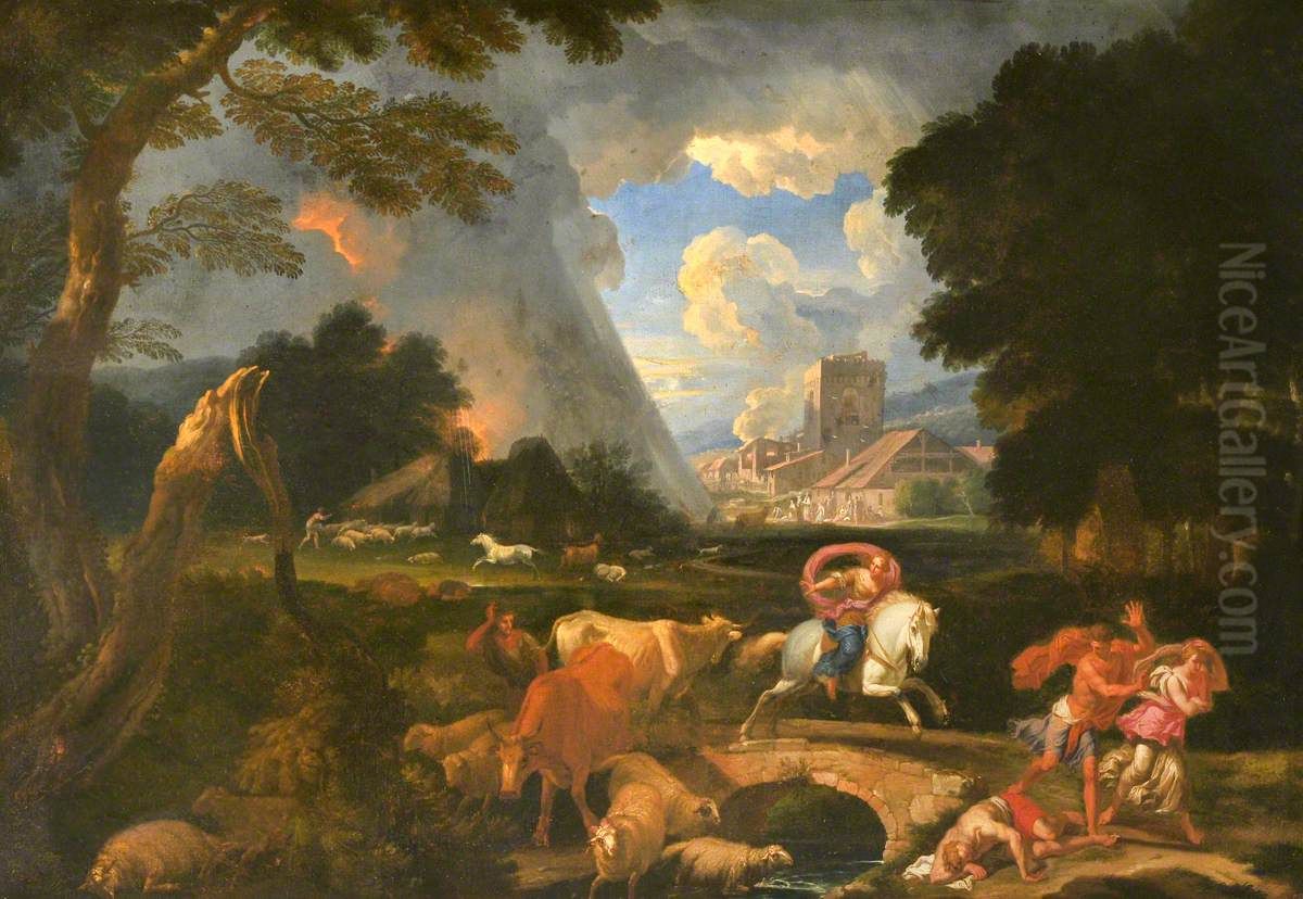 Moses and Aaron calling down the Plague of Hail upon Egypt Oil Painting by Pieter Mulier