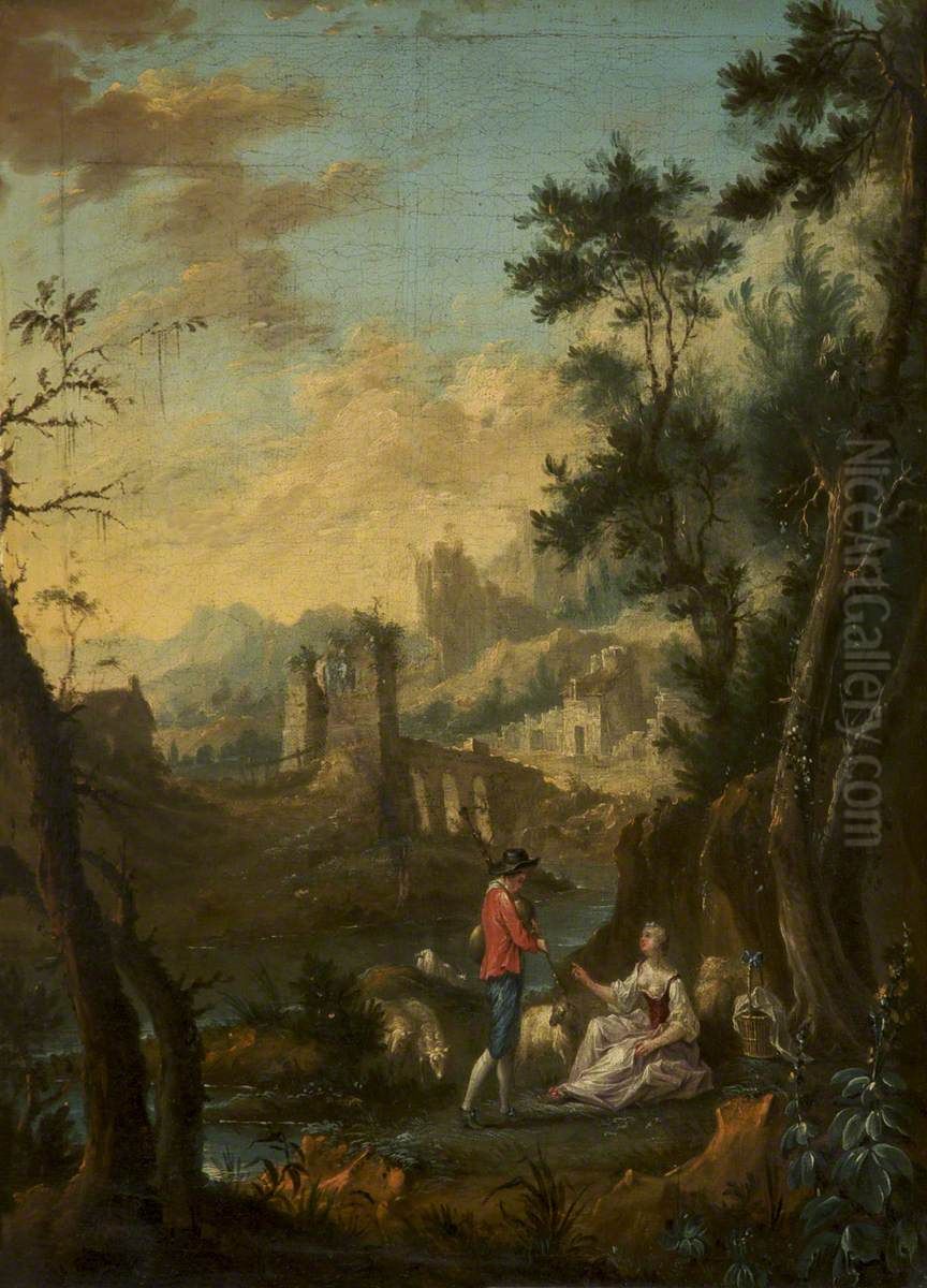 Landscape with a Shepherd and a Shepherdess Oil Painting by Willem van der Hagen