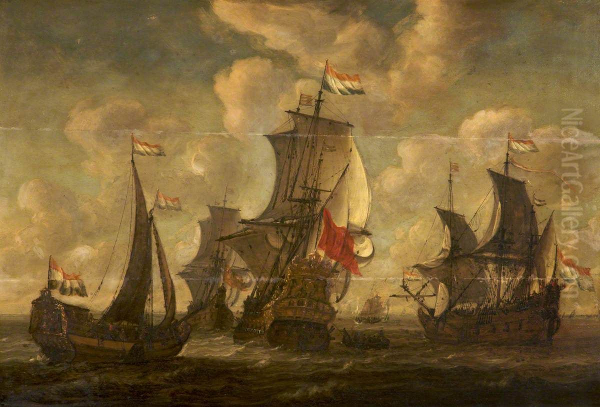 Three Dutch Men o' War Oil Painting by Abraham Storck