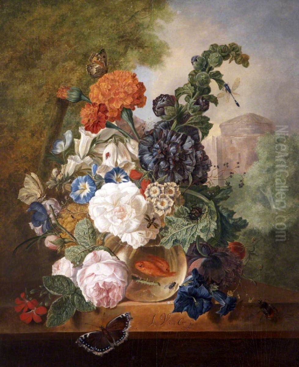 Flowers in a Goldfish Bowl in a Landscape with a Tower Oil Painting by Jan van Os