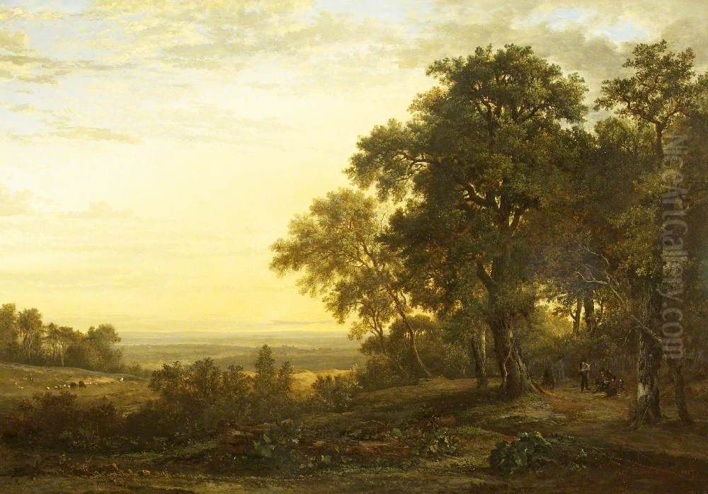 Landscape with Figures on a Road under Trees and a Distant View Oil Painting by Patrick Nasmyth