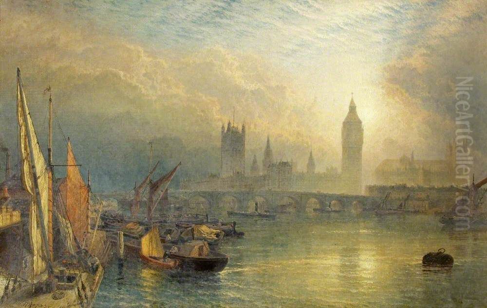 The New Houses of Parliament and the Thames (Sunset on the Thames near Westminster with the New Houses of Parliament) Oil Painting by Henry Dawson