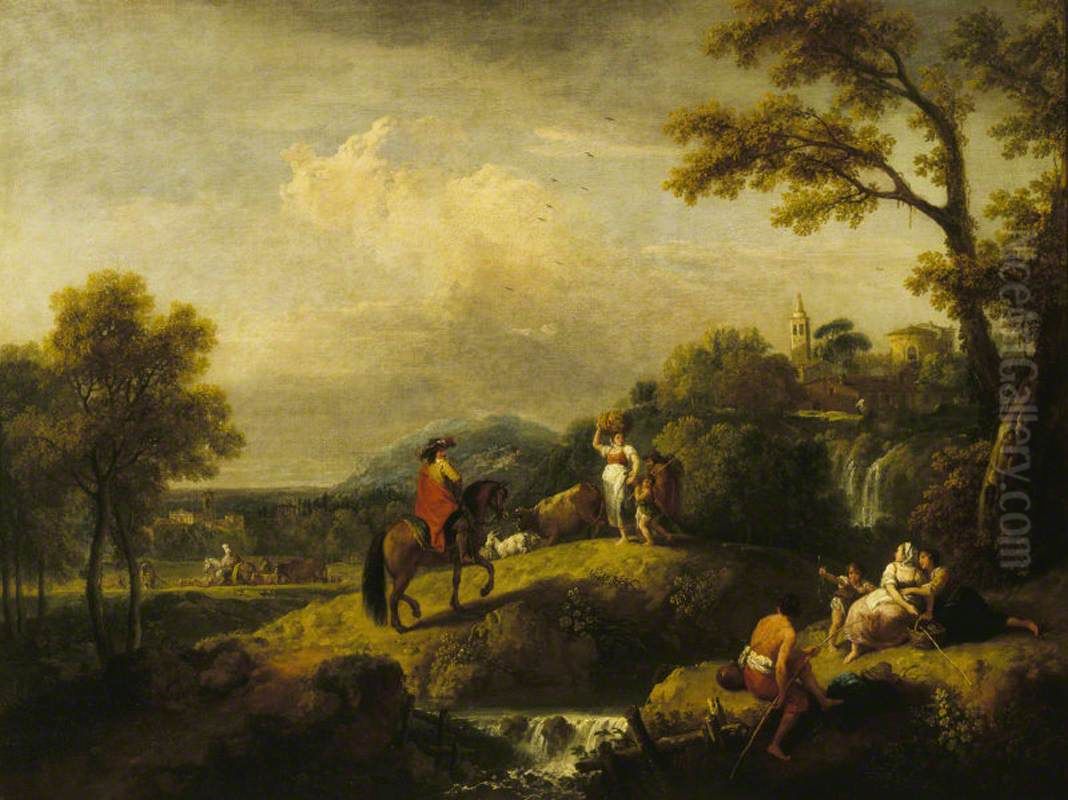 An Italian Landscape with Figures by a Waterfall and a Man on Horseback Oil Painting by Francesco Zuccarelli