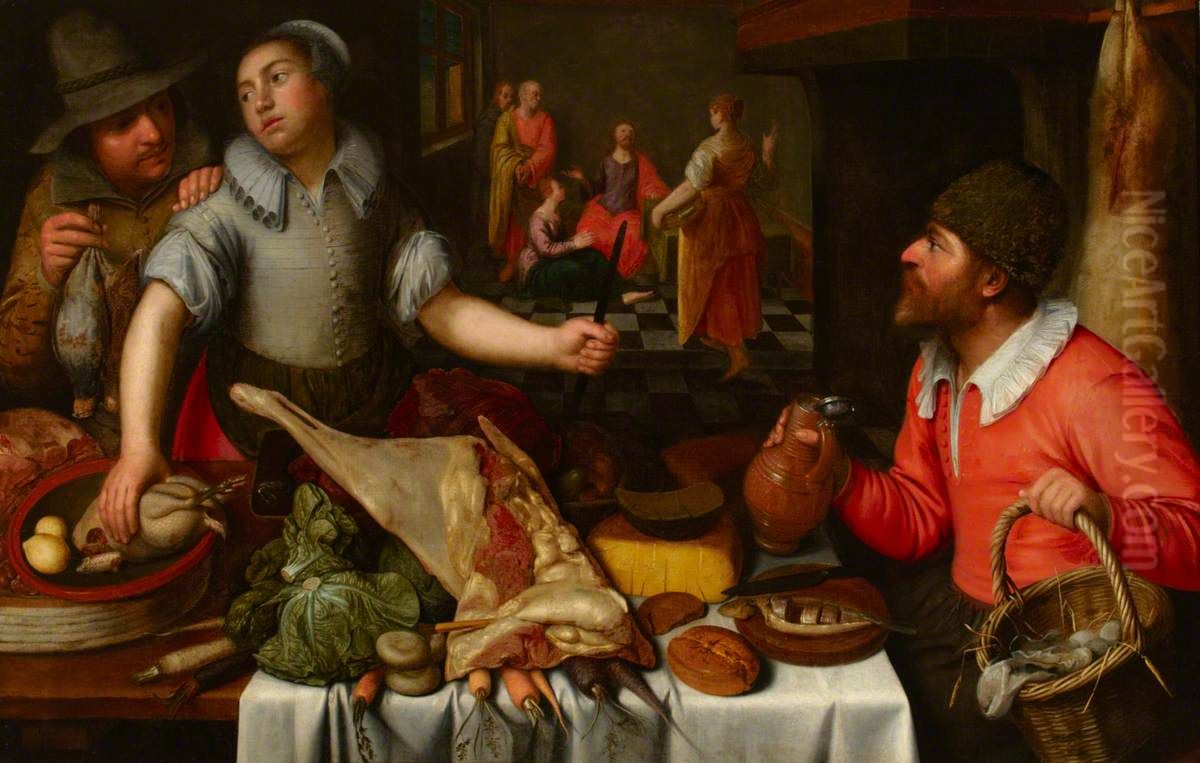 Kitchen Interior with Christ in the House of Mary and Martha Oil Painting by Cornelis Engelsz.