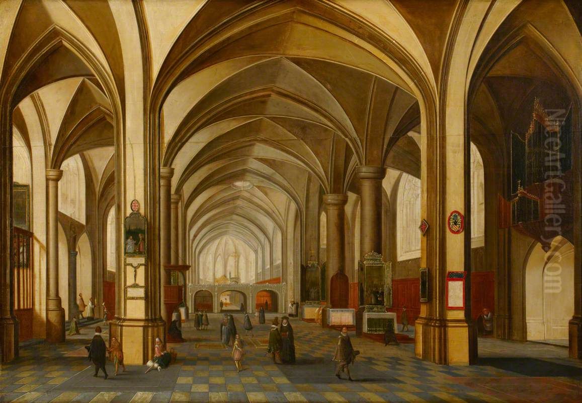 A Church Interior with Figures Oil Painting by Hendrik van Steenwijk II