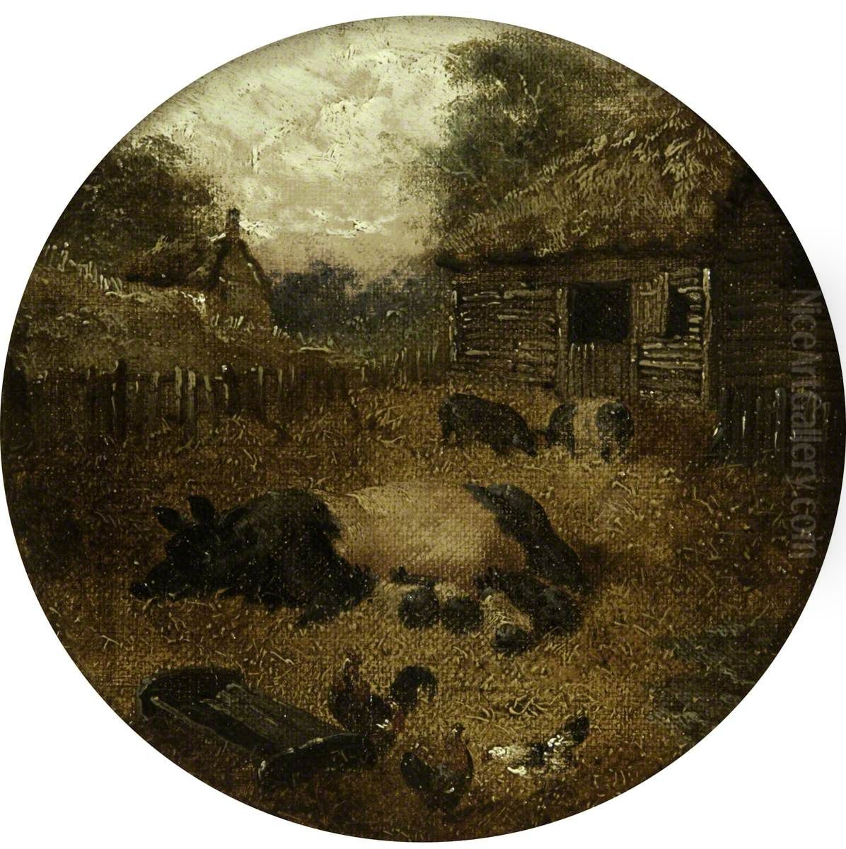 Eight Circular Farmyard Scenes (1. Pigs; 2. Mare and Foal; 3. Cows; 4. Sheep; 5. Chickens; 6. Ducks; 7. Rabbits; 8. Donkey) Oil Painting by John Frederick Herring, Sr.