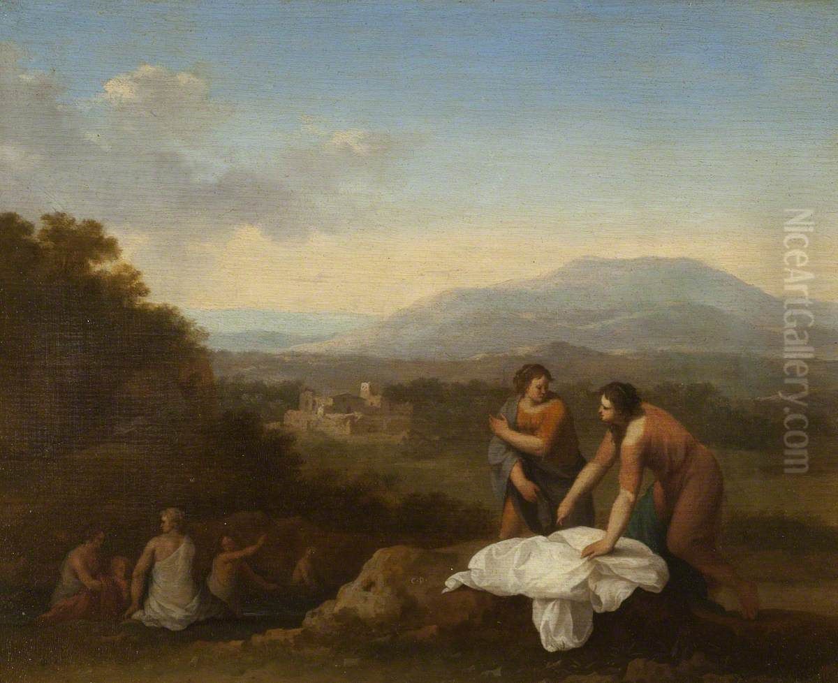 A Classical Landscape with Women Bathing Oil Painting by Johannes van Haensbergen