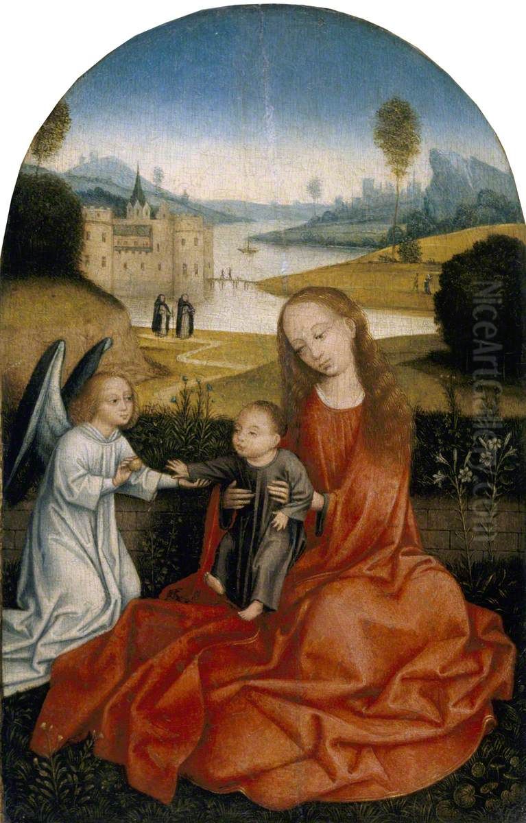 Maria met kind en een engel. In de achtergrond twee dominicanen Oil Painting by Master Of The Legend Of Saint Catherine