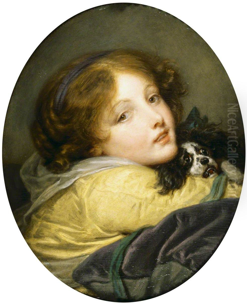 A Girl holding a Spaniel Oil Painting by Jean-Baptiste Greuze