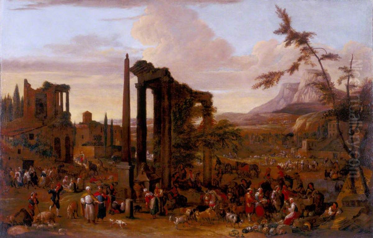 Market Scene set amidst a Capriccio of Ruins Oil Painting by Peeter van Bredael