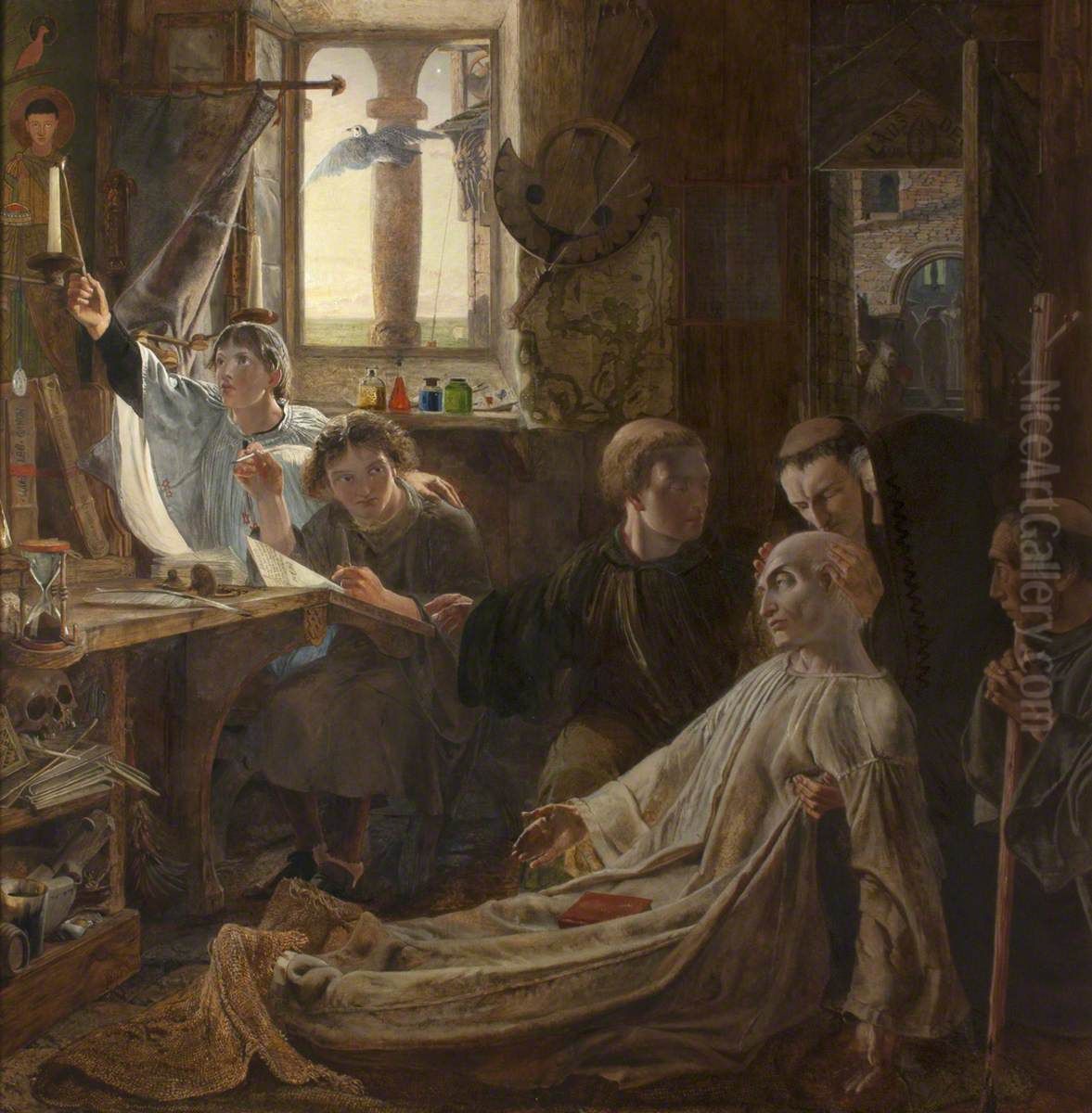 Bede finishes his Works and Life (One of a series of eight oil paintings illustrating the history of the English Border) Oil Painting by William Bell Scott