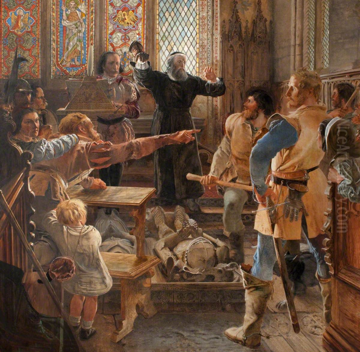 Bernard Gilpin making Peace among the Borders, takes down the Glove in Rothbury Church, circa 1570 (One of a series of eight oil paintings illustrating the history of the English Border) Oil Painting by William Bell Scott