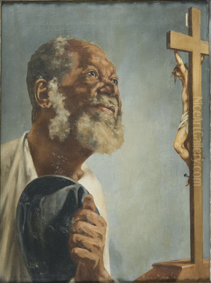 Negro com Chapeu na Mao Olhando Para um Crucifixo Oil Painting by Adrien Henri Vital van Emelen