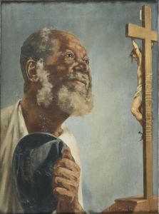 Negro com Chapeu na Mao Olhando Para um Crucifixo