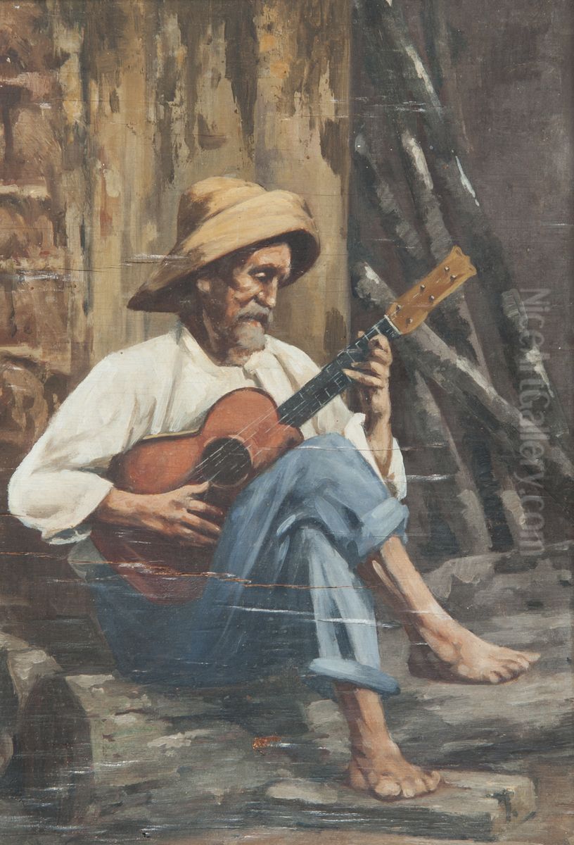 Negro com Chapeu Tocando Violao Oil Painting by Adrien Henri Vital van Emelen