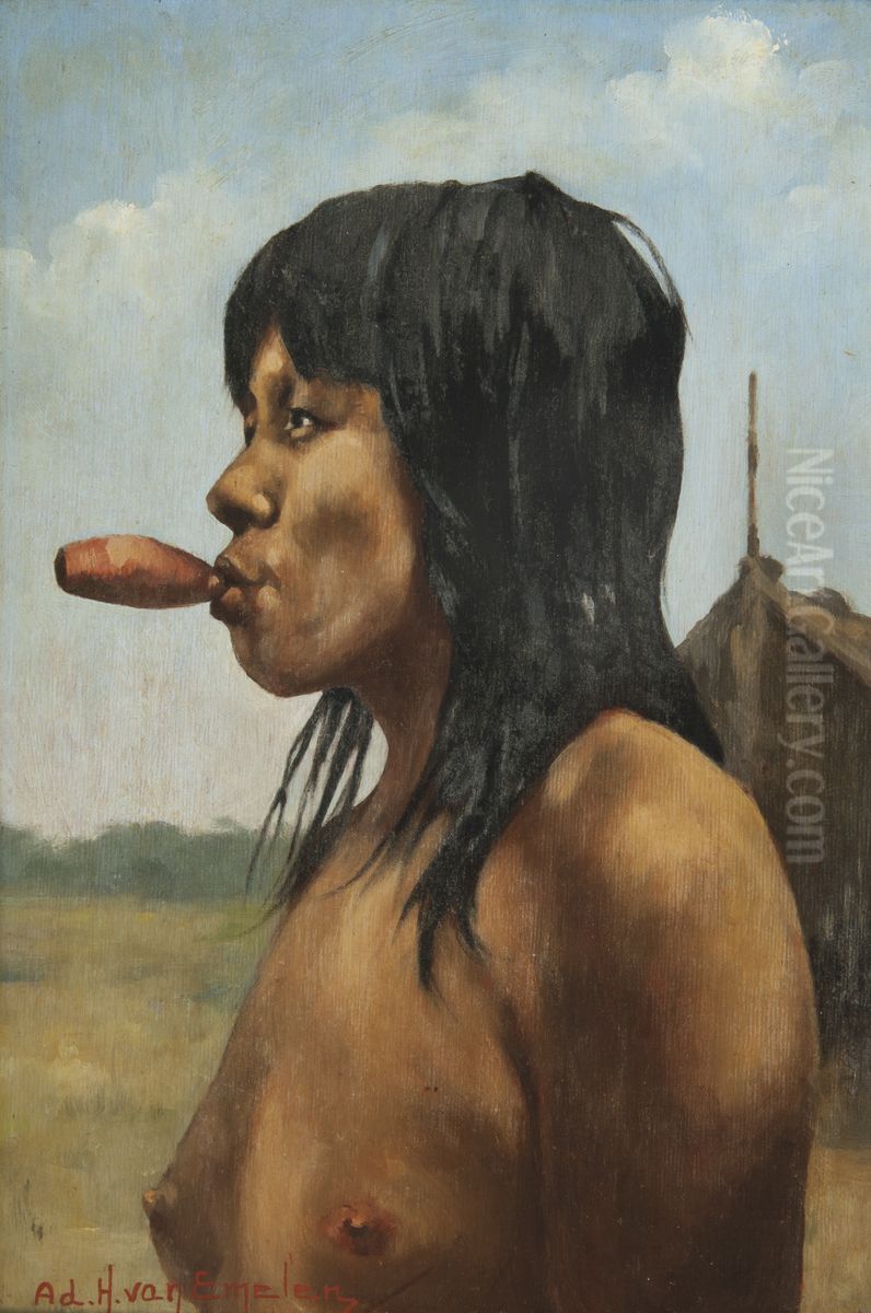 India Caraja Fumando o Cachimbo Feito da Fruta do Raricoco Oil Painting by Adrien Henri Vital van Emelen