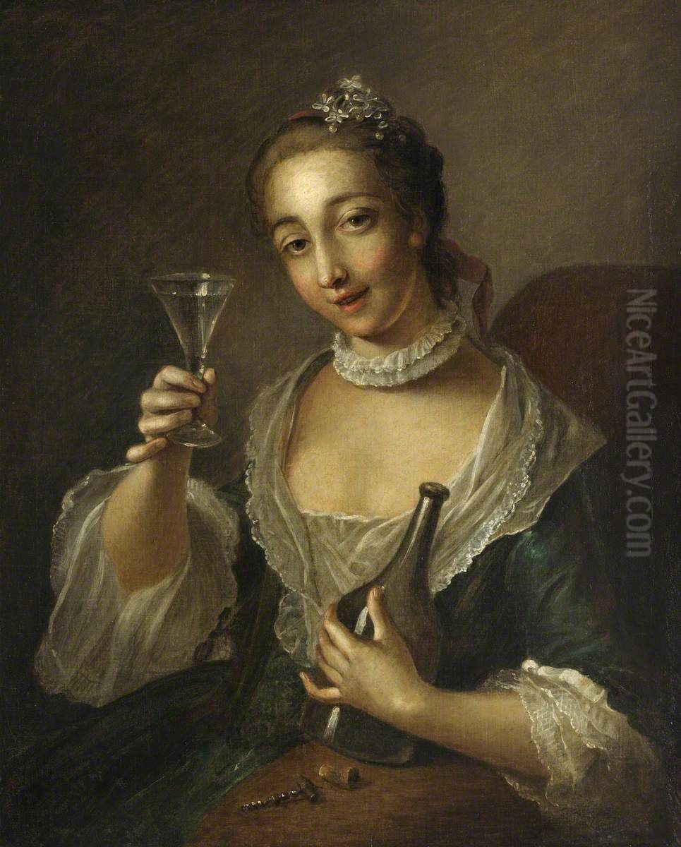 A Girl with a Bottle and a Glass Oil Painting by Philippe Mercier