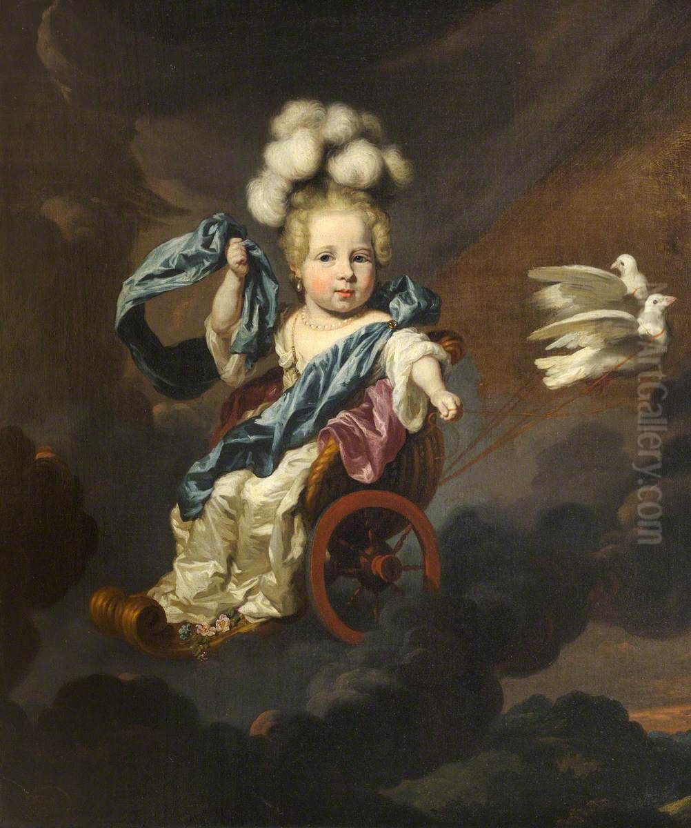 Portrait of a Baby Girl as Venus, in a Chariot Drawn by Doves Oil Painting by Nicolaes Maes