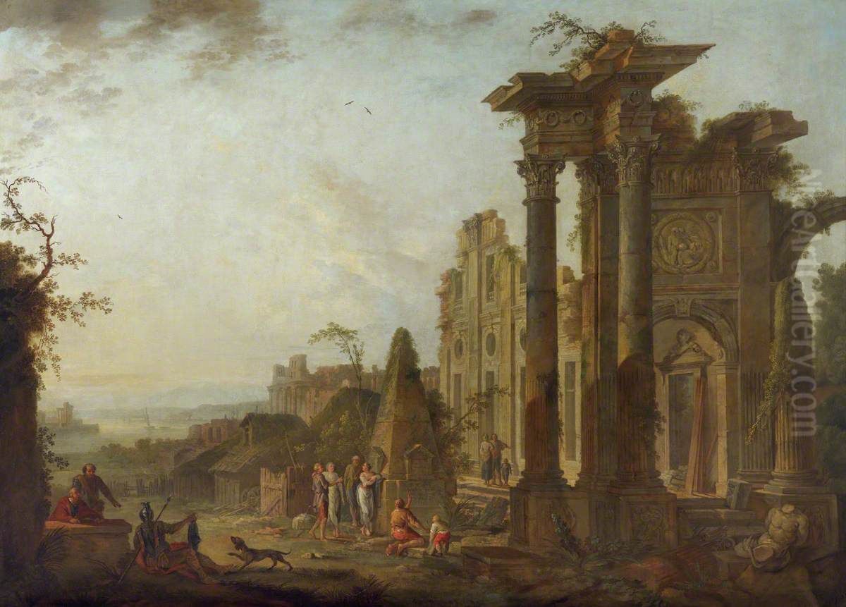 Antique Ruins with Figures and a Pyramid Oil Painting by Jean-Baptiste Claudot