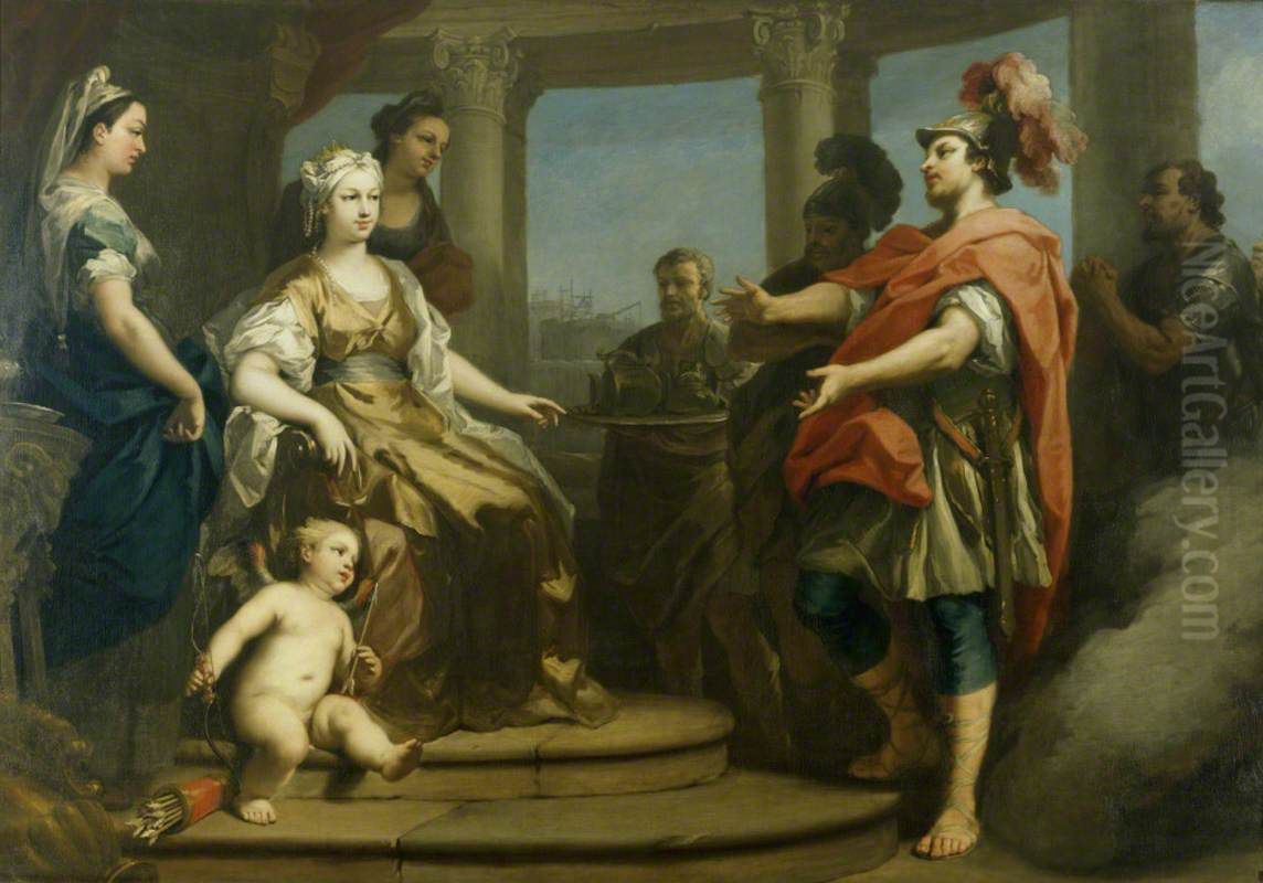 Aeneas and Achates wafted in a Cloud before Dido, Queen of Carthage, with Cupid at her Feet Oil Painting by Jacopo Amigoni